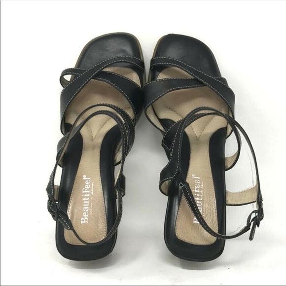 BeautiFeel Black Leather Wedge Heels Sandals Size 38 - Picture 6 of 16